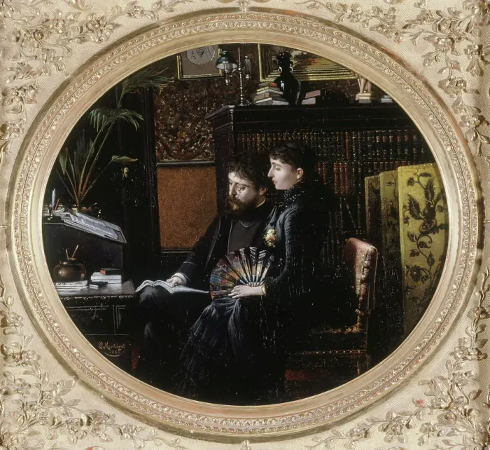 Framed Print : Portrait d'Alphonse Daudet (1840-1897) et son épouse (née Julie Allard, 1844-1940), dans... 1883. Creator: Louis Montegut Framed Print : Portrait d'Alphonse Daudet (1840-1897) et son épouse (née Julie Allard, 1844-1940), dans... 1883. Creator: Louis Montegut