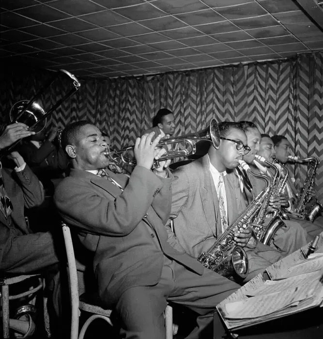 Framed Print : Portrait of Dizzy Gillespie, James Moody, and Howard Johnson, Downbeat, New York, N.Y. 1947. Creator: William Paul Gottlieb Framed Print : Portrait of Dizzy Gillespie, James Moody, and Howard Johnson, Downbeat, New York, N.Y. 1947. Creator: William Paul Gottlieb