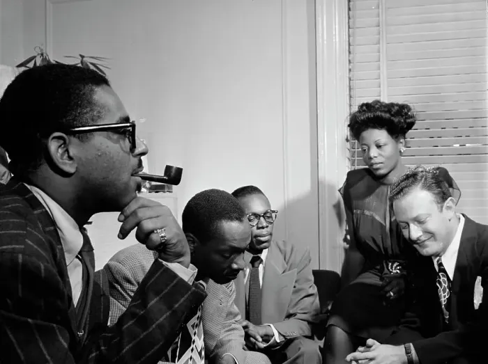 Framed Print : Portrait of Dizzy Gillespie, Tadd Dameron, Hank Jones...Mary Lou Williams apartment, N.Y. 1947. Creator: William Paul Gottlieb Framed Print : Portrait of Dizzy Gillespie, Tadd Dameron, Hank Jones...Mary Lou Williams apartment, N.Y. 1947. Creator: William Paul Gottlieb