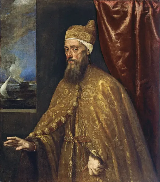 Framed Print : Portrait of Doge Francesco Venier. Artist: Titian (1488-1576)