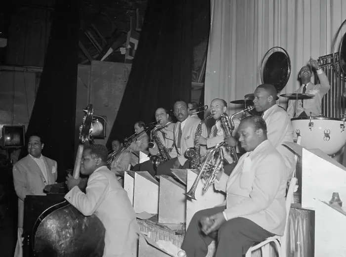 Framed Print : Portrait of Duke Ellington, Junior Raglin, Tricky... Howard Theater(?), Washington, D.C. 1938. Creator: William Paul Gottlieb Framed Print : Portrait of Duke Ellington, Junior Raglin, Tricky... Howard Theater(?), Washington, D.C. 1938. Creator: William Paul Gottlieb