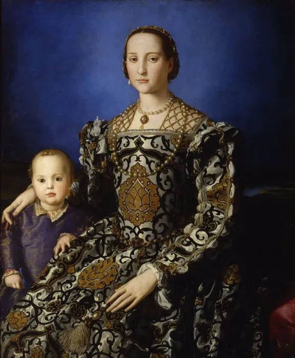 Framed Print : Portrait of Eleanor of Toledo with her son Giovanni, ca 1545. Artist: Bronzino, Agnolo (1503-1572) Framed Print : Portrait of Eleanor of Toledo with her son Giovanni, ca 1545. Artist: Bronzino, Agnolo (1503-1572)