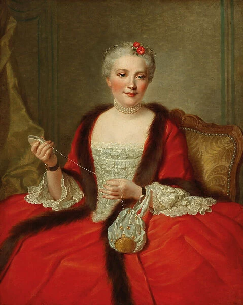 Portrait of an elegant lady, holding a weaving shuttle, 1751