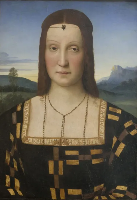 Framed Print : Portrait of Elisabetta Gonzaga (1471-1526). Artist: Raphael (1483-1520) Framed Print : Portrait of Elisabetta Gonzaga (1471-1526). Artist: Raphael (1483-1520)