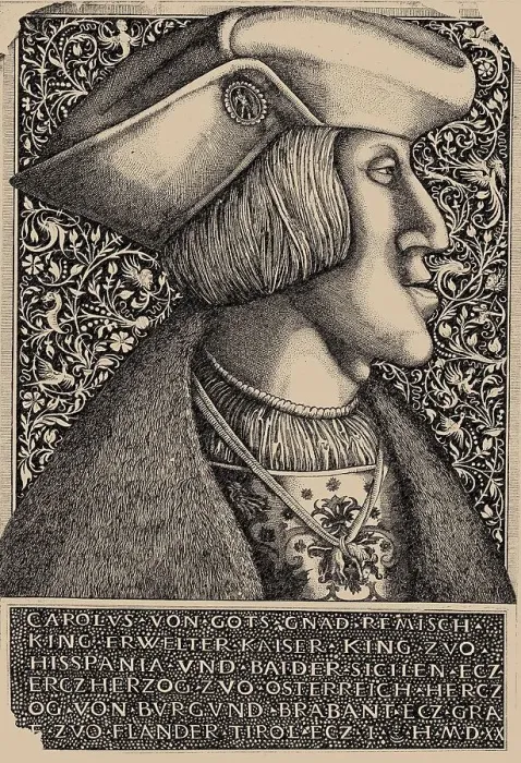 Framed Print : Portrait of the Emperor Charles V (1500-1558), 1520. Creator: Hopfer, Daniel, the Elder (1470-1536)