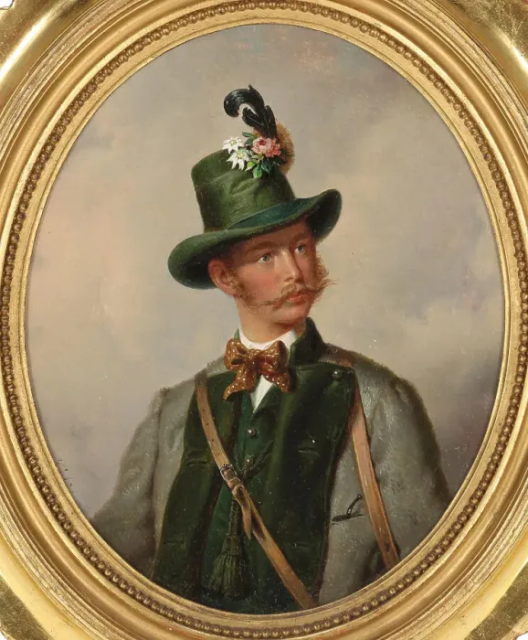 Framed Print : Portrait of Emperor Franz Joseph I of Austria (1830-1916), in Ischl hunting costume, c1855. Creator: Kriehuber; Josef (1800-1876) Framed Print : Portrait of Emperor Franz Joseph I of Austria (1830-1916), in Ischl hunting costume, c1855. Creator: Kriehuber; Josef (1800-1876)