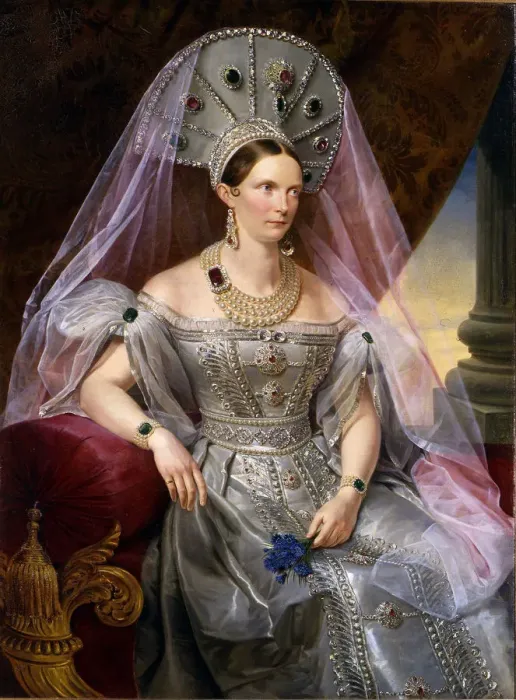 Framed Print : Portrait of Empress Alexandra Fyodorovna (Charlotte of Prussia), in kokoshnik, ca 1836. Artist: Kruger, Franz (1797-1857) Framed Print : Portrait of Empress Alexandra Fyodorovna (Charlotte of Prussia), in kokoshnik, ca 1836. Artist: Kruger, Franz (1797-1857)