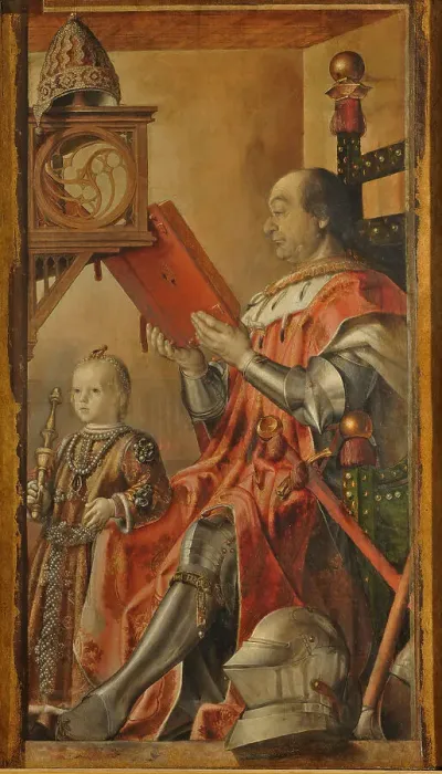 Framed Print : Portrait of Federico da Montefeltro with His Son Guidobaldo, 1476-1477. Creator: Berruguete, Pedro (1450-1503) Framed Print : Portrait of Federico da Montefeltro with His Son Guidobaldo, 1476-1477. Creator: Berruguete, Pedro (1450-1503)