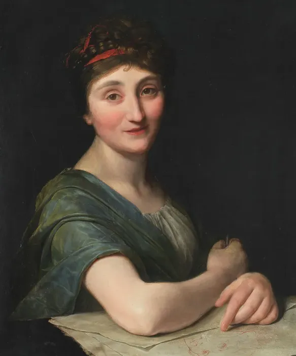 Framed Print : Portrait of female artist with drawing, c.1800. Creator: Anon Framed Print : Portrait of female artist with drawing, c.1800. Creator: Anon