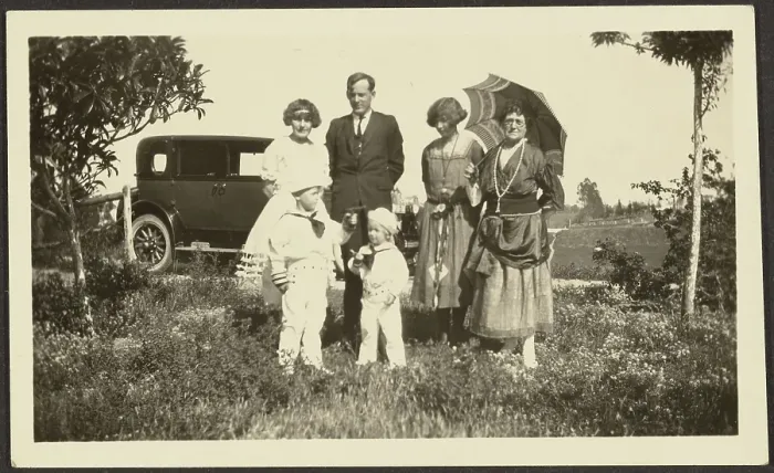 Framed Print : Portrait of Florence's Family Outside with Car, 1907-1943. Creator: Louis Fleckenstein Framed Print : Portrait of Florence's Family Outside with Car, 1907-1943. Creator: Louis Fleckenstein