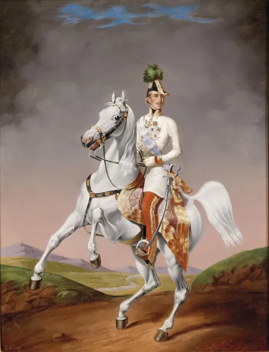 Framed Print : Portrait of Franz Joseph I of Austria on horseback, 1855. Artist: Konig, Lilly (1799-?) Framed Print : Portrait of Franz Joseph I of Austria on horseback, 1855. Artist: Konig, Lilly (1799-?)