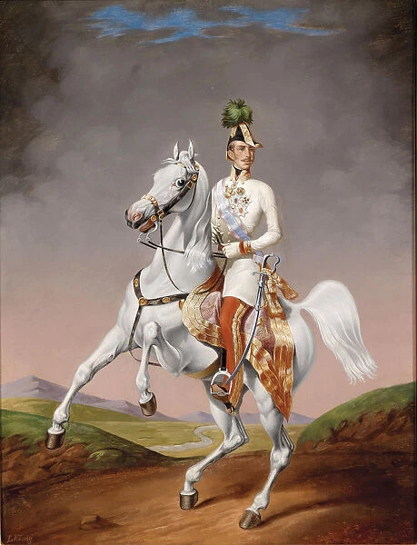 Portrait of Franz Joseph I of Austria on horseback, 1855. Artist: Konig, Lilly (1799-?)