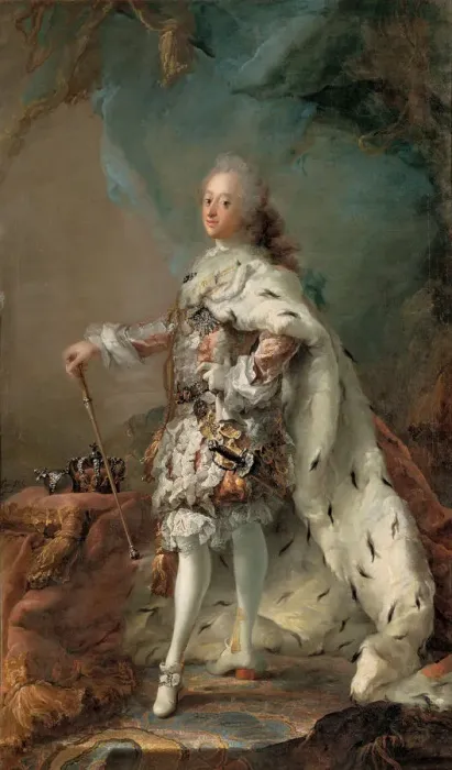 Framed Print : Portrait of Frederik V (1723-1766) in Anointment Robe, c. 1750. Artist: Pilo, Carl Gustaf (1711-1793) Framed Print : Portrait of Frederik V (1723-1766) in Anointment Robe, c. 1750. Artist: Pilo, Carl Gustaf (1711-1793)