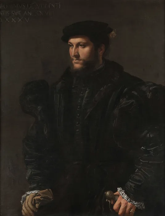 Framed Print : Portrait of a Gentleman in Black (Girolamo de Vincenti?), 1535. Creator: Girolamo da Carpi (Girolamo Sellari) (1501-1556) Framed Print : Portrait of a Gentleman in Black (Girolamo de Vincenti?), 1535. Creator: Girolamo da Carpi (Girolamo Sellari) (1501-1556)