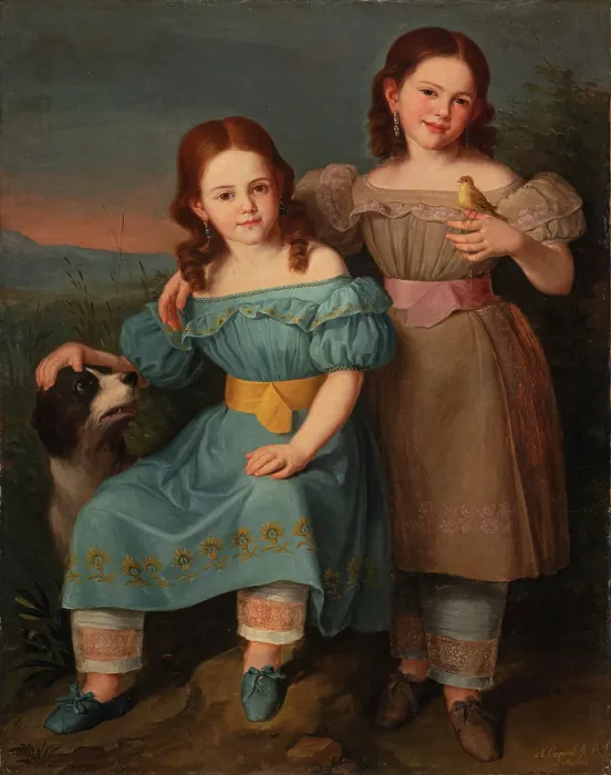 Framed Print : Portrait of two girls in a landscape, 1831. Creator: Esquivel, Antonio Maria (1806-1857) Framed Print : Portrait of two girls in a landscape, 1831. Creator: Esquivel, Antonio Maria (1806-1857)
