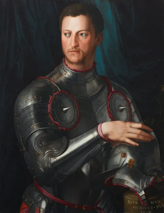 Framed Print : Portrait of Grand Duke of Tuscany Cosimo I de Medici (1519-1574) in armour, ca 1545. Artist: Bronzino, Agnolo (1503-1572) Framed Print : Portrait of Grand Duke of Tuscany Cosimo I de Medici (1519-1574) in armour, ca 1545. Artist: Bronzino, Agnolo (1503-1572)