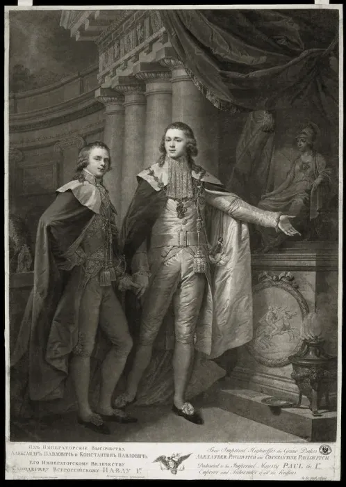 Framed Print : Portrait of Grand Dukes Alexander Pavlovich and Constantine Pavlovich of Russia, 1797. Artist: Walker, James (1748-ca. 1808) Framed Print : Portrait of Grand Dukes Alexander Pavlovich and Constantine Pavlovich of Russia, 1797. Artist: Walker, James (1748-ca. 1808)