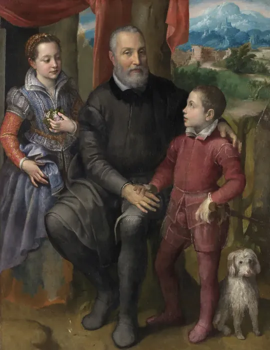 Framed Print : Portrait Group with the Artist's Father Amilcare Anguissola and her siblings Minerva and... c1559. Creator: Sofonisba Anguissola Framed Print : Portrait Group with the Artist's Father Amilcare Anguissola and her siblings Minerva and... c1559. Creator: Sofonisba Anguissola