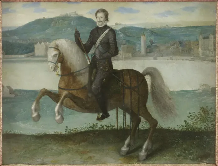 Framed Print : Portrait of Henri IV (1553-1610), King of France, on horseback in front of Paris, c1595. Creator: Unknown Framed Print : Portrait of Henri IV (1553-1610), King of France, on horseback in front of Paris, c1595. Creator: Unknown