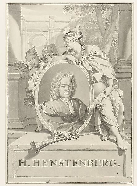 Portrait of Herman Henstenburgh in an oval frame, held by female figure and putto, 1683-1746. Creator: Nicolaas Verkolje
