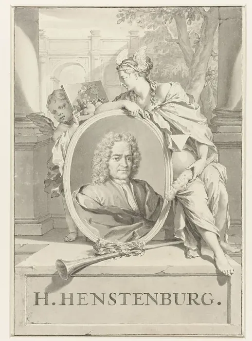 Framed Print : Portrait of Herman Henstenburgh in an oval frame, held by female figure and putto, 1683-1746. Creator: Nicolaas Verkolje Framed Print : Portrait of Herman Henstenburgh in an oval frame, held by female figure and putto, 1683-1746. Creator: Nicolaas Verkolje
