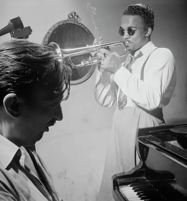 Framed Print : Portrait of Howard McGhee and Brick Fleagle, New York, N.Y. ca. Sept. 1947. Creator: William Paul Gottlieb Framed Print : Portrait of Howard McGhee and Brick Fleagle, New York, N.Y. ca. Sept. 1947. Creator: William Paul Gottlieb