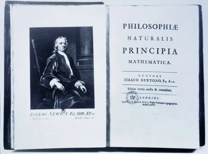Framed Print : Portrait of Isaac Newton in an edition of his book Mathematical Principles of Natural