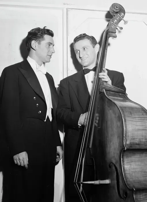 Framed Print : Portrait of Jack Lesberg and Leonard Bernstein, New York, N.Y. ca. Dec. 1946. Creator: William Paul Gottlieb Framed Print : Portrait of Jack Lesberg and Leonard Bernstein, New York, N.Y. ca. Dec. 1946. Creator: William Paul Gottlieb