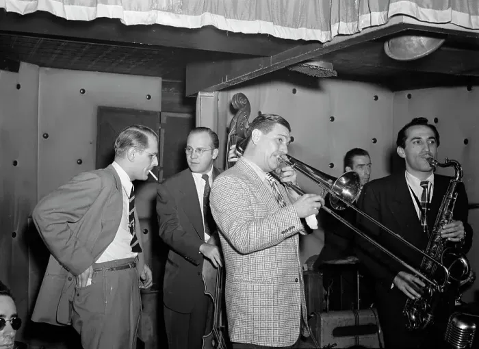 Framed Print : Portrait of Jack Teagarden, Bill Harris, Dave Tough, and Charlie Ventura, Three Deuces, N.Y. 1946. Creator: William Paul Gottlieb Framed Print : Portrait of Jack Teagarden, Bill Harris, Dave Tough, and Charlie Ventura, Three Deuces, N.Y. 1946. Creator: William Paul Gottlieb