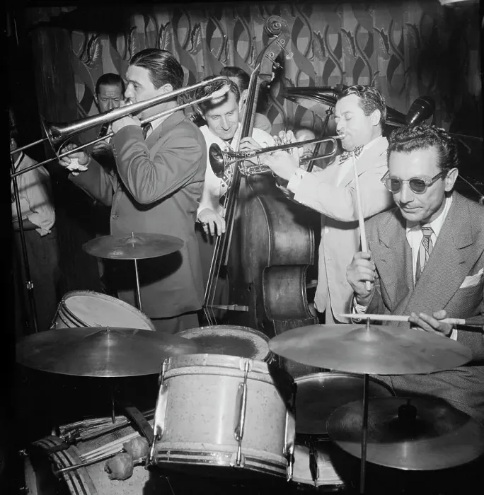 Framed Print : Portrait of Jack Teagarden, Jack Lesberg, and Max Kaminsky, Famous Door, New York, N.Y. 1947. Creator: William Paul Gottlieb
