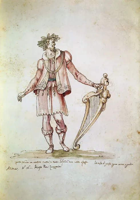 Framed Print : Portrait of Jacopo Peri (1561-1633). Costume design of Arion in the 5th Intermedio of La Pellegrina Framed Print : Portrait of Jacopo Peri (1561-1633). Costume design of Arion in the 5th Intermedio of La Pellegrina