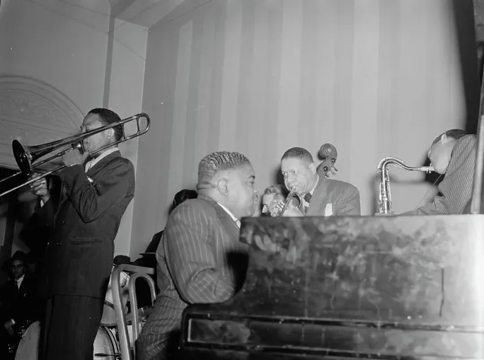 Framed Print : Portrait of Jay Higginbotham, Pete Johnson, Henry Allen, and Lester Young... Washington, D.C. c1940 Creator: William Paul Gottlieb Framed Print : Portrait of Jay Higginbotham, Pete Johnson, Henry Allen, and Lester Young... Washington, D.C. c1940 Creator: William Paul Gottlieb