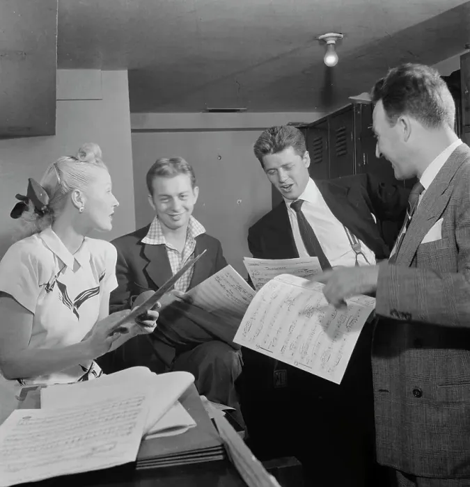 Framed Print : Portrait of Jerry Wald, Gordon MacRae, Mel Tormé, Marion...Saturday Teentimers Show, N.Y. 1947. Creator: William Paul Gottlieb Framed Print : Portrait of Jerry Wald, Gordon MacRae, Mel Tormé, Marion...Saturday Teentimers Show, N.Y. 1947. Creator: William Paul Gottlieb