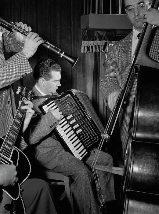 Framed Print : Portrait of Joe Mooney, Gaeton (Gate) Frega, and Andy Fitzgerald, Eddie Condon's, N.Y. 1947. Creator: William Paul Gottlieb Framed Print : Portrait of Joe Mooney, Gaeton (Gate) Frega, and Andy Fitzgerald, Eddie Condon's, N.Y. 1947. Creator: William Paul Gottlieb