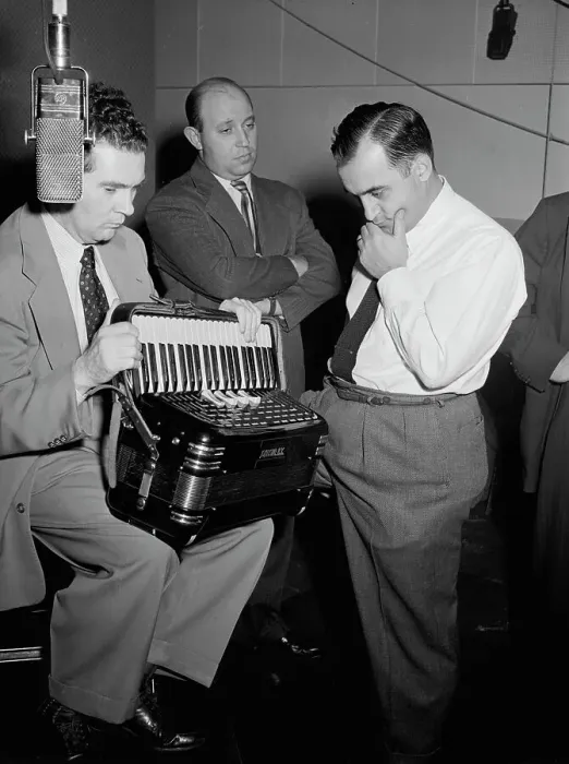 Framed Print : Portrait of Joe Mooney, Milt Gabler, and Morty Palitz, Decca studio, New York, N.Y. ca. Dec. 1946. Creator: William Paul Gottlieb Framed Print : Portrait of Joe Mooney, Milt Gabler, and Morty Palitz, Decca studio, New York, N.Y. ca. Dec. 1946. Creator: William Paul Gottlieb