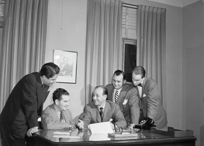Framed Print : Portrait of Joe Mooney and Milt Gabler(?), Decca office(?), New York, N.Y. ca. Dec. 1946. Creator: William Paul Gottlieb Framed Print : Portrait of Joe Mooney and Milt Gabler(?), Decca office(?), New York, N.Y. ca. Dec. 1946. Creator: William Paul Gottlieb