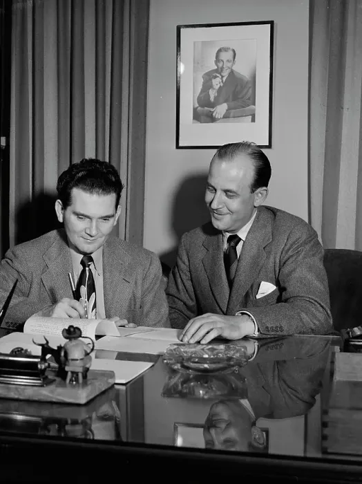 Framed Print : Portrait of Joe Mooney and Milt Gabler(?), Decca office(?), New York, N.Y. ca. Dec. 1946. Creator: William Paul Gottlieb Framed Print : Portrait of Joe Mooney and Milt Gabler(?), Decca office(?), New York, N.Y. ca. Dec. 1946. Creator: William Paul Gottlieb