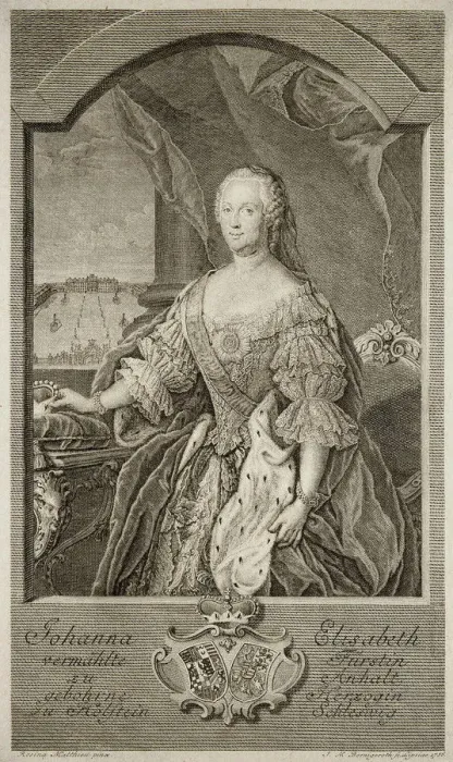 Framed Print : Portrait of Johanna-Elizabeth, Electress of Anhalt-Zerbst (1712-1760), Mother of Catherine II, 1756. Artist: Bernigeroth, Johann Martin (1713-1767) Framed Print : Portrait of Johanna-Elizabeth, Electress of Anhalt-Zerbst (1712-1760), Mother of Catherine II, 1756. Artist: Bernigeroth, Johann Martin (1713-1767)