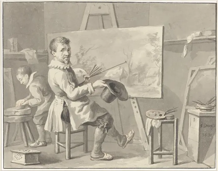 Framed Print : Portrait of Joost Corneliszn. Droochsloot in his studio sitting behind an easel with... 1780-1848. Creator: Martinus Schouman Framed Print : Portrait of Joost Corneliszn. Droochsloot in his studio sitting behind an easel with... 1780-1848. Creator: Martinus Schouman