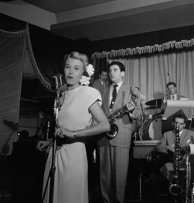Framed Print : Portrait of June Christy, Georgie Auld, and Red Rodney, Club Troubadour, N.Y. ca. Sept. 1947. Creator: William Paul Gottlieb Framed Print : Portrait of June Christy, Georgie Auld, and Red Rodney, Club Troubadour, N.Y. ca. Sept. 1947. Creator: William Paul Gottlieb
