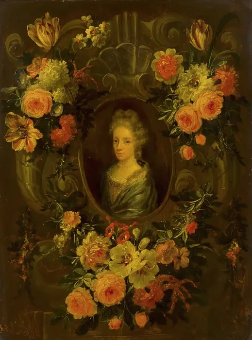 Framed Print : Portrait of a Lady Encircled by a Wreath of Flowers. Creator: Jean-Baptiste Morel