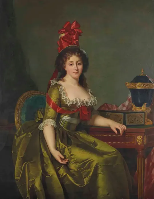Framed Print : Portrait of a lady, in a green satin dress and a bonnet with red ribbons Framed Print : Portrait of a lady, in a green satin dress and a bonnet with red ribbons