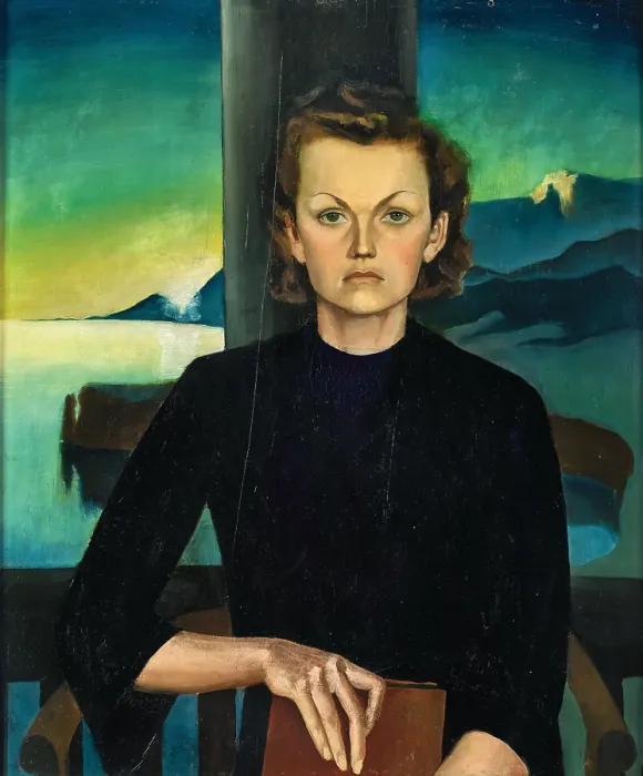 Framed Print : Portrait of a Lady in Front of a Lake Landscape, c1930. Creator: Reyl-Hanisch, Herbert von (1898-1937) Framed Print : Portrait of a Lady in Front of a Lake Landscape, c1930. Creator: Reyl-Hanisch, Herbert von (1898-1937)