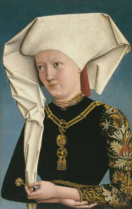 Framed Print : Portrait of a Lady wearing the Order of the Swan. Artist: Master of Ansbach (active ca 1490) Framed Print : Portrait of a Lady wearing the Order of the Swan. Artist: Master of Ansbach (active ca 1490)
