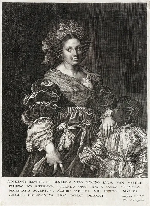 Framed Print : Portrait of Laura Dianti with a young servant, 1600-1625. Creator: Sadeler, Aegidius (1575-1629)