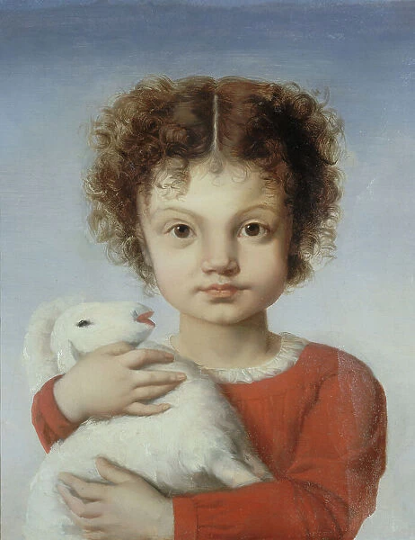 Portrait of Lina Calamatta as a child, with a lamb in her arms, 1848. Creator: Josephine Calamatta