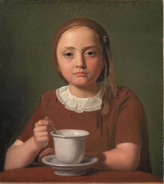 Portrait of a Little Girl, Elise Kobke, with a Cup in front of her, 1850. Creator: Constantin Hansen