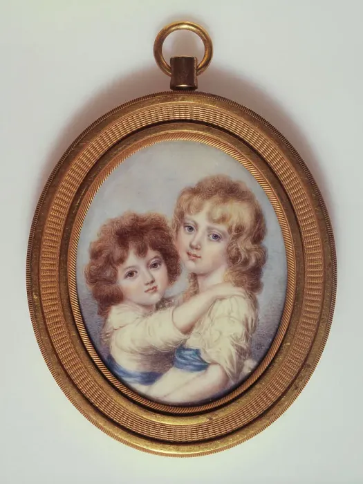 Framed Print : Portrait of two little girls, c1850. Creator: American School Framed Print : Portrait of two little girls, c1850. Creator: American School