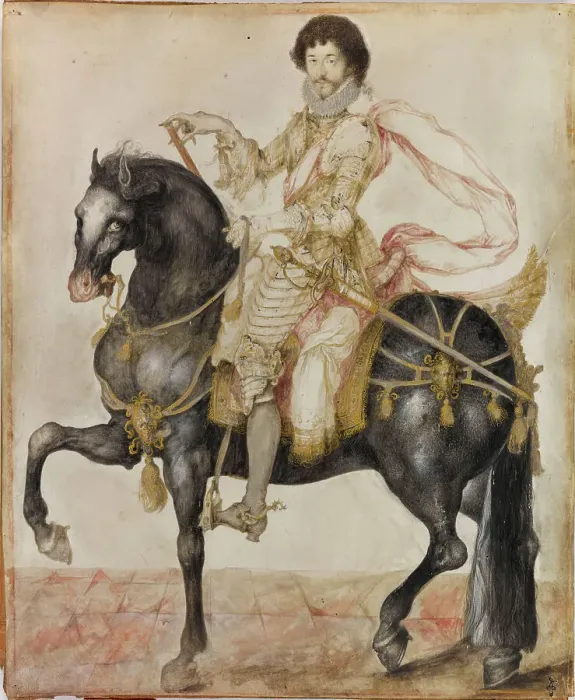 Framed Print : Portrait of Louis de Guise, baron d'Ancerville (1588-1631) on horseback, c1613. Creator: Bellange, Jacques (c. 1575-1616) Framed Print : Portrait of Louis de Guise, baron d'Ancerville (1588-1631) on horseback, c1613. Creator: Bellange, Jacques (c. 1575-1616)