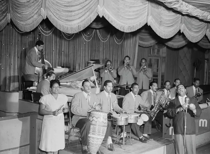 Framed Print : Portrait of Machito, Jose Mangual, Carlos Vidal(?), Mario Bouza...Glen Island Casino, N.Y. 1947. Creator: William Paul Gottlieb Framed Print : Portrait of Machito, Jose Mangual, Carlos Vidal(?), Mario Bouza...Glen Island Casino, N.Y. 1947. Creator: William Paul Gottlieb